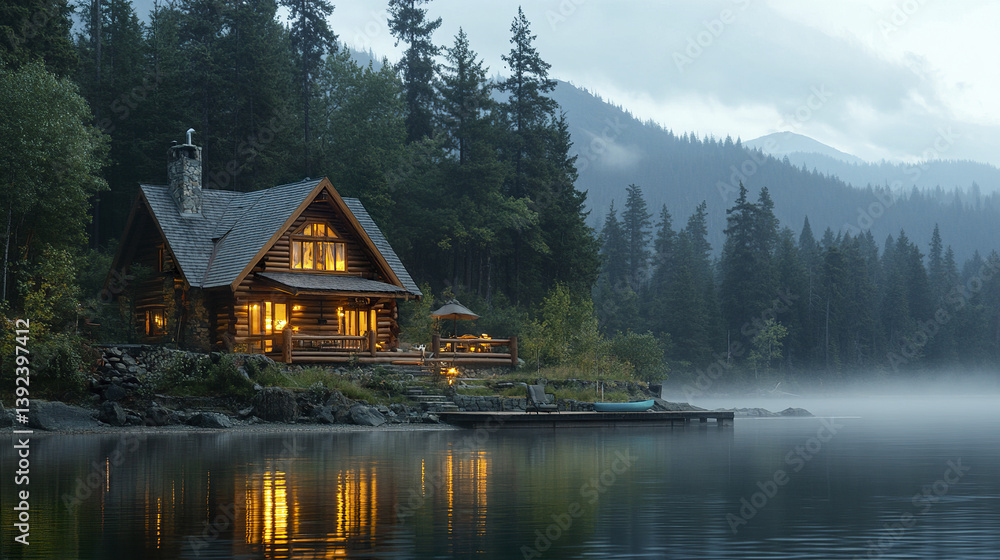 Fototapeta premium Cozy lit wooden house on lakeshore with forested backdrop