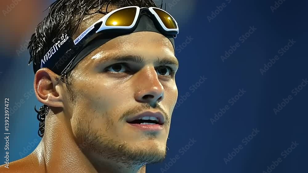Competitive swimmer focused before a race, with a blurred aquatic background and cheering crowd Competitive swimmer focused before a race, with a blurred aquatic background and cheering crowd