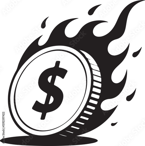 Vector illustration of a flaming coin with a dollar symbol, representing fast-moving money, financial urgency, and economic volatility