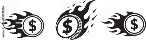 Vector illustration of a flaming coin with a dollar symbol, representing fast-moving money, financial urgency, and economic volatility