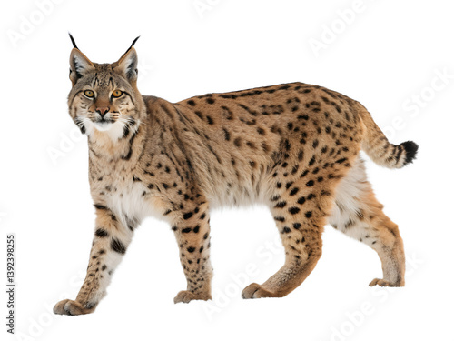 A spotted lynx standing isolated on a transparent background
