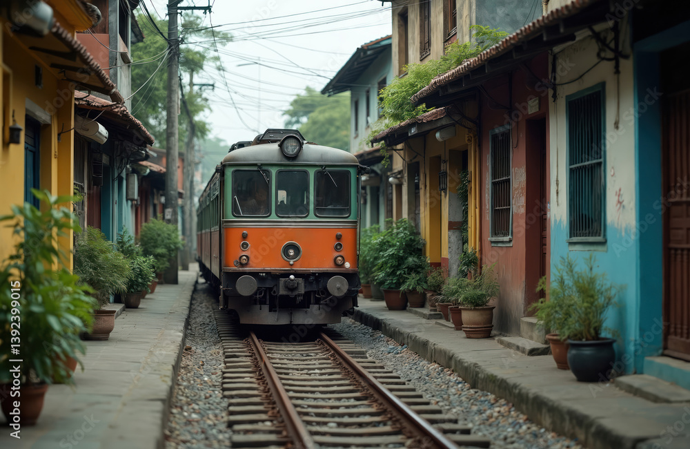 Naklejka premium Hanoi train street with old houses. Train on railway in Vietnam capital. Asian urban town travel destination, historic architecture. Vietnamese culture, lifestyle. Tourist attraction, unique
