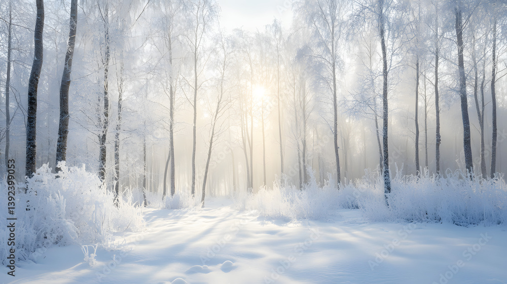 Naklejka premium winter, snow, forest, cold, tree, landscape, nature, trees, frost, white, ice, sun, woods, park, river, sky, season, frozen, road, scene, fog, snowy, branch, wood, outdoor