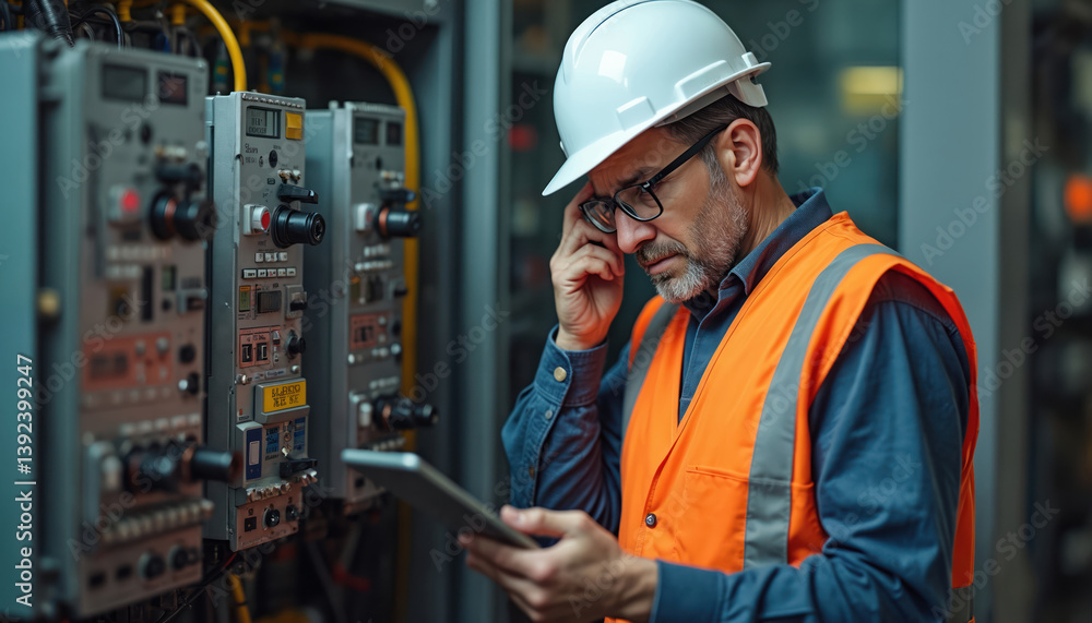 Worker reviews outdated machinery using tablet, faces challenges in tech. Factory setting, orange safety vest, white hardhat. Industrial environment, manufacturing, smart factory, digitalization. Worker reviews outdated machinery using tablet, faces challenges in tech. Factory setting, orange safety vest, white hardhat. Industrial environment, manufacturing, smart factory, digitalization.