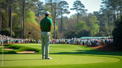 Golfer on Green Preparing to Putt in Tournament Competition