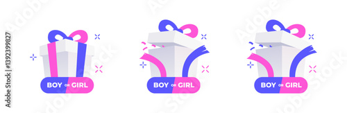 Gender reveal boxes with confetti in pink and blue. Surprise party event icons