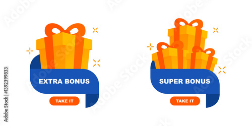 Extra and super bonus gift boxes in cartoon style. Gift rewards and surprise boxes