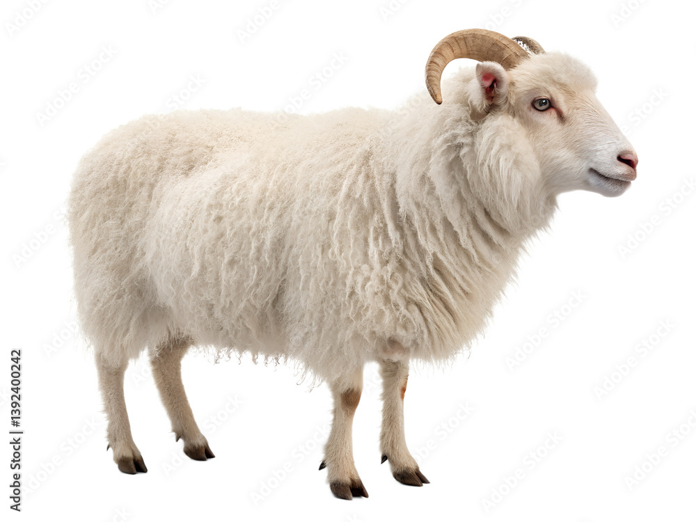 Fototapeta premium Isolated Icelandic sheep with curved horns standing isolated on a transparent background