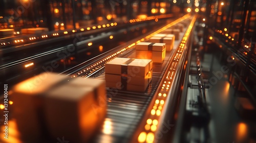 Boxes Transported Along a Conveyor Belt with Illuminated Features