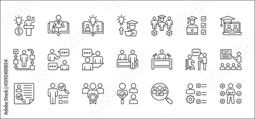Business employee coaching icons. Business education icon set. Contains symbol of management, training, mentoring, expert, qualification, qualified worker, learning, selection. Vector illustration