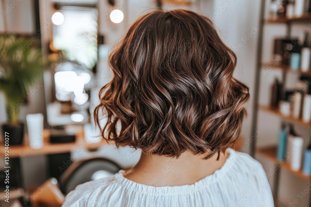 Fototapeta premium A girl's hairstyle is being created by a hairdresser in a beauty salon with the help of generative AI