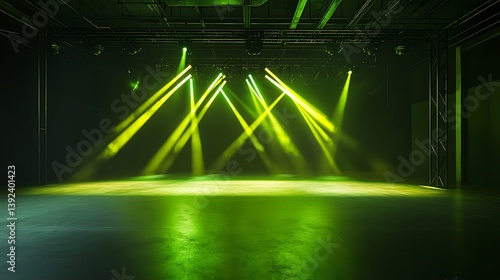 A spacious event venue with green stage lighting and an empty floor, creating an inviting atmosphere for performances or gatherings