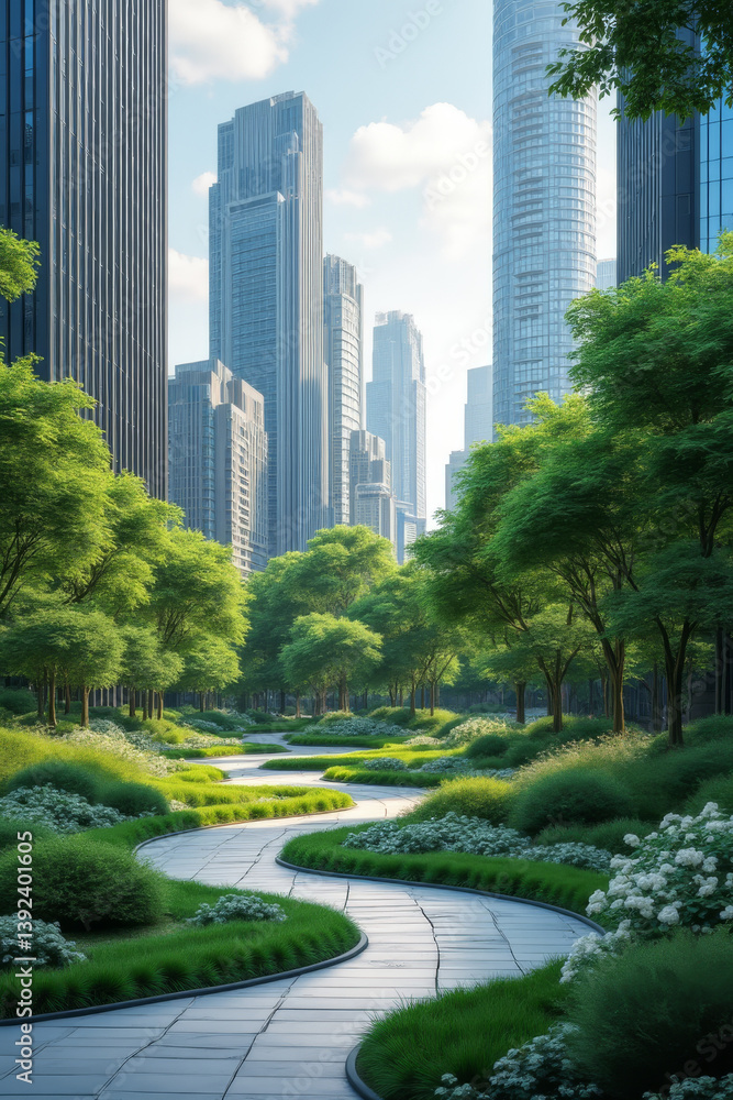 Environmental awareness day. Urban park pathway surrounded by skyscrapers and greenery. Environmental awareness day. Urban park pathway surrounded by skyscrapers and greenery.