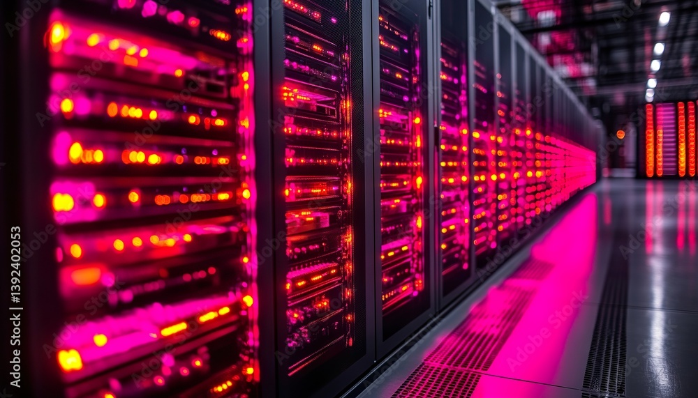 A sleek, modern REIT data center with glowing server racks, representing the growing investment in tech-driven real estate assets. Ultra-sharp, high contrast. A sleek, modern REIT data center with glowing server racks, representing the growing investment in tech-driven real estate assets. Ultra-sharp, high contrast.