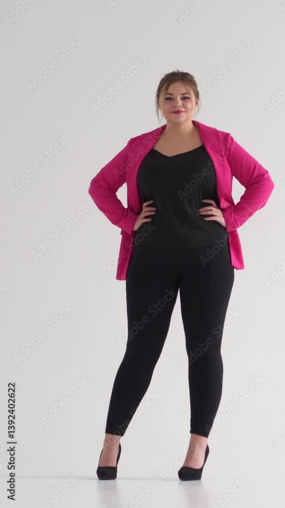 Portrait of a stylish and elegant plus-size woman is portrayed on a white background, radiating positive emotion and confidence. Vertical video. Portrait of a stylish and elegant plus-size woman is portrayed on a white background, radiating positive emotion and confidence. Vertical video.