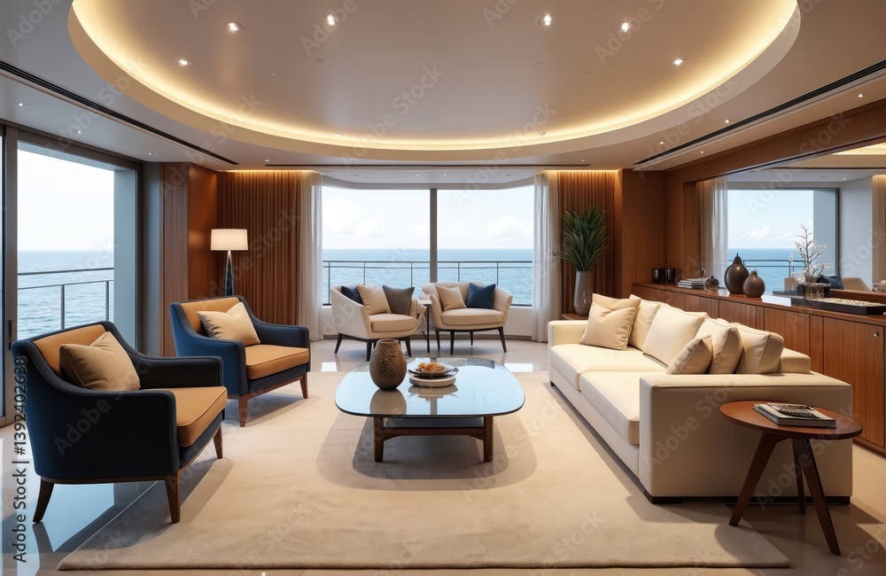 Fototapeta premium Luxury yacht interior. Modern Italian design with comfortable furniture. Living room apartment decor, sofa, chairs, coffee table. Large window sea view, luxury vacation, nobody.