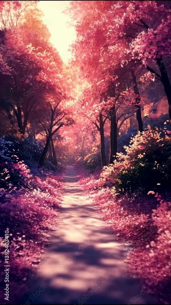 Beautiful pathway surrounded by vibrant pink trees and blooming flowers in a serene forest during sunset Beautiful pathway surrounded by vibrant pink trees and blooming flowers in a serene forest during sunset