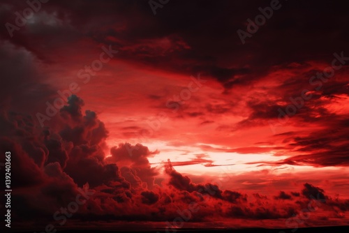 Fototapeta Naklejka Na Ścianę i Meble -  Dramatic red sky with dark clouds at sunset creates a fiery and ominous landscape