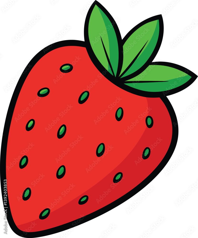 Obraz premium Cute Smiling Strawberry Cartoon Character With Green Leaves Illustration
