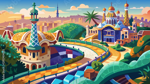 View of the city from Park Guell in Barcelona, Spain