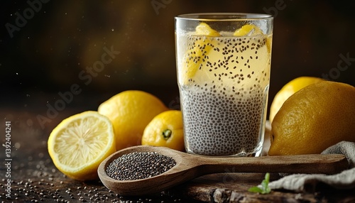 A rustic wooden setting with a chilled glass of chia seed lemonade, a wooden spoon filled with chia seeds, and lemons on the side.