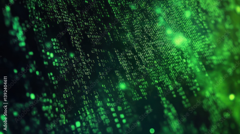 Abstract green digital data stream with glowing particles background Abstract green digital data stream with glowing particles background