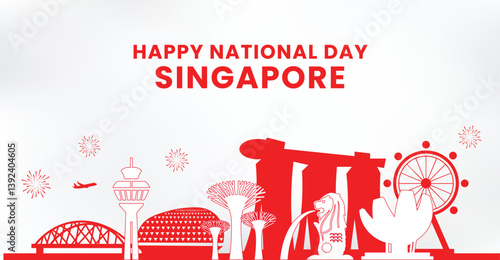 Singapore National Day Celebration Banner with Iconic Red Landmarks and Fireworks Illustration


