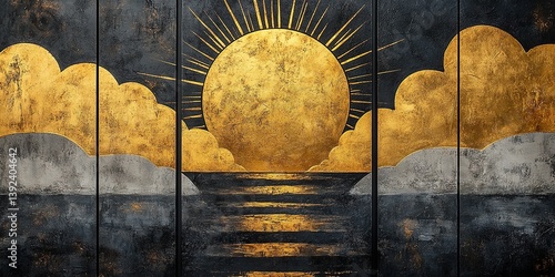 Golden Sun Over Clouds Painting, Black & Gold Seascape Art, Textured Heavy Paint