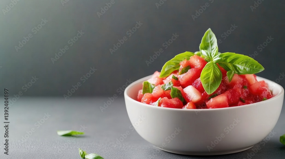 Fresh watermelon salsa in a bowl, garnished with basil
