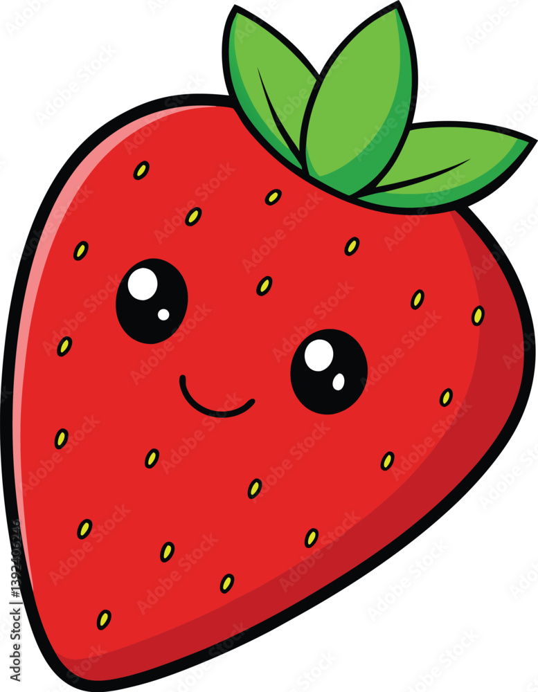 Obraz premium Cute Smiling Strawberry Cartoon Character With Green Leaves Illustration