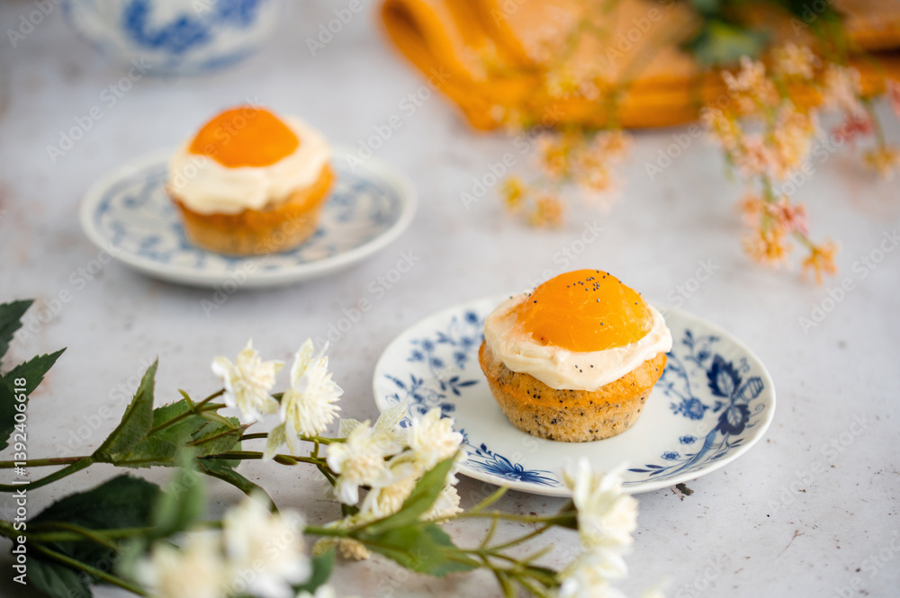 Lemon cupcakes with cream cheese, apricot and poppy seed. Cupcake in form of Fried Egg on a stone background. Easter eggs. Easter holiday and festive food. Lemon cupcakes with cream cheese, apricot and poppy seed. Cupcake in form of Fried Egg on a stone background. Easter eggs. Easter holiday and festive food.