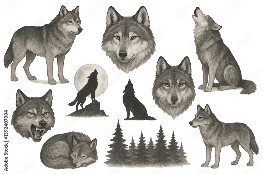Obraz premium Detailed Collection of Artistic Wolf Illustrations and Elements