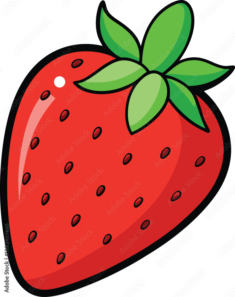 Obraz premium Cute Smiling Strawberry Cartoon Character With Green Leaves Illustration