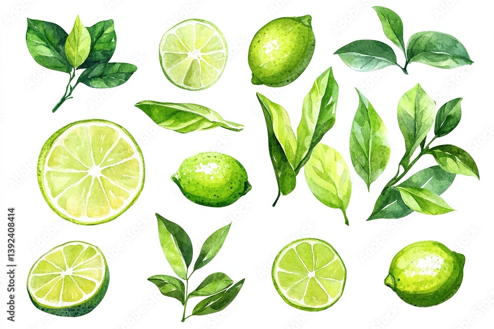 Watercolor Painting of Fresh Lime Fruits with Green Leaves, Botanical Watercolor Painting of Fresh Lime Fruits with Green Leaves, Botanical