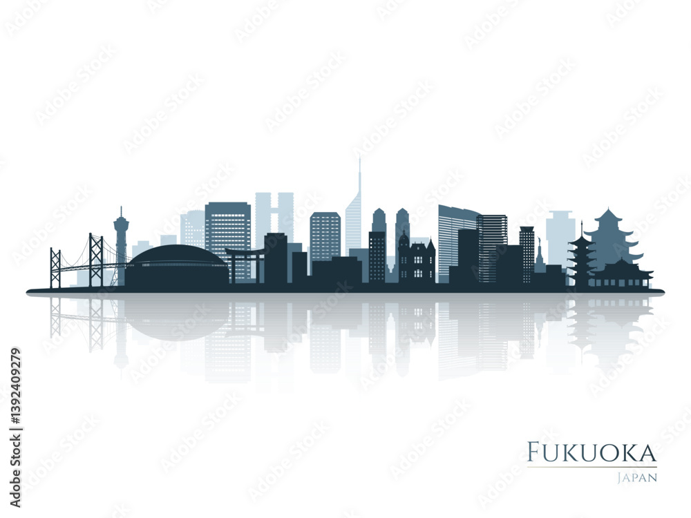 Naklejka premium Fukuoka skyline silhouette with reflection. Landscape Fukuoka, Japan. Vector illustration.