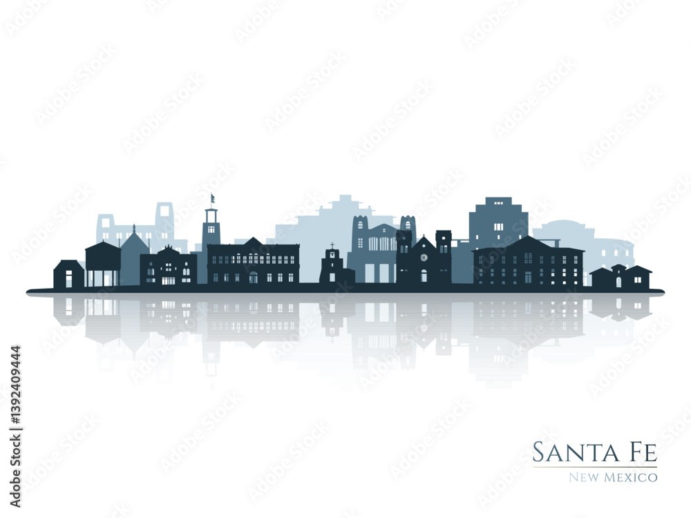 Naklejka premium Santa Fe skyline silhouette with reflection. Landscape Santa Fe, New Mexico. Vector illustration.