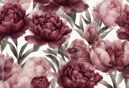 Fototapeta Naklejka Na Ścianę i Meble -  burgundy watercolor seamless pattern vintage peonies card retro illustration nature romantic background tree branch leaf wild bloom spring botanical greeting blossom summer female gentle garden