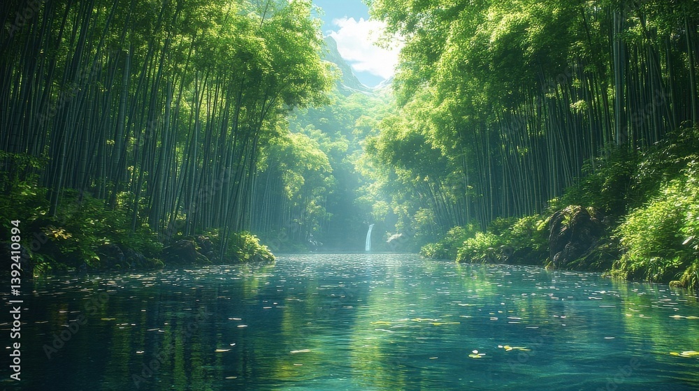 Obraz premium Lush Green Forest with Flowing River and Sunlight Streaming Through Trees