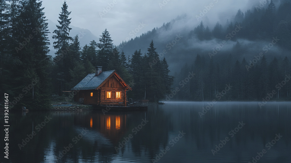 Fototapeta premium cozy wooden cabin glows warmly by misty lake surrounded by tall pine trees