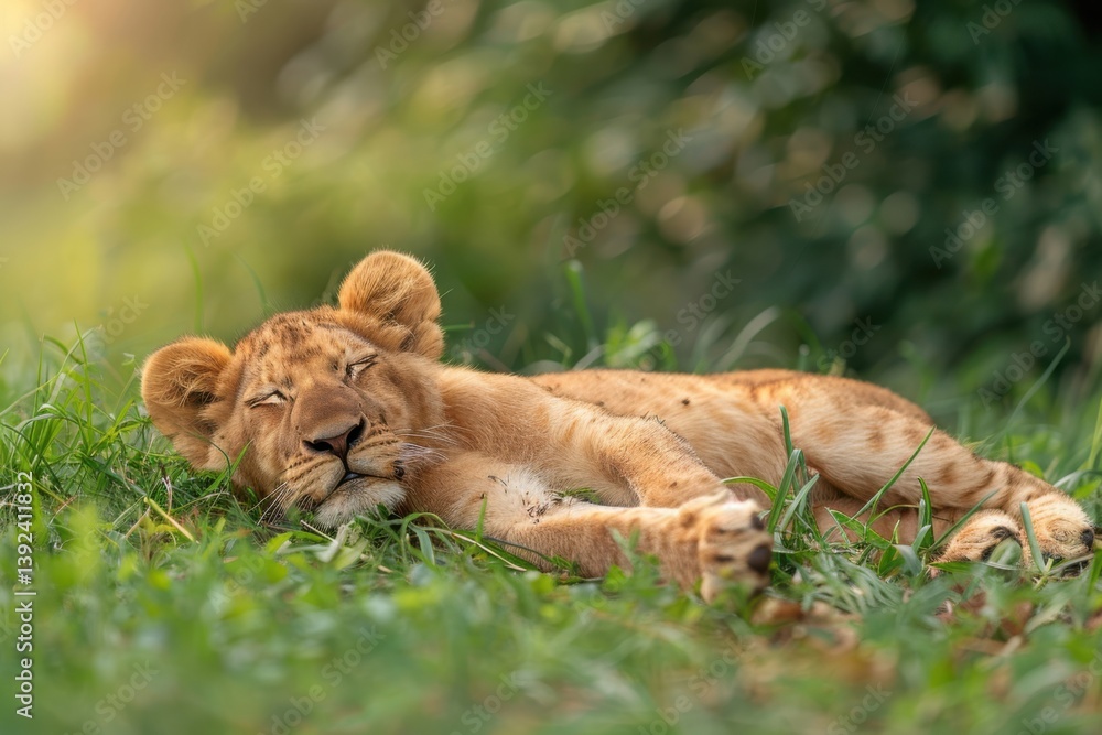 Lion cub rests peacefully on the grass in a vibrant habitat during the golden hour of late afternoon Lion cub rests peacefully on the grass in a vibrant habitat during the golden hour of late afternoon