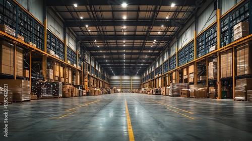 An expansive warehouse interior filled with stacked boxes and racks