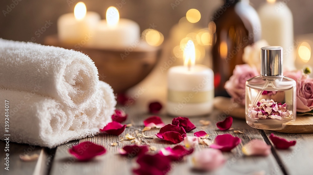 Aromatic Atmosphere: Spa Still Life with Roses, Towels, and Candles Aromatic Atmosphere: Spa Still Life with Roses, Towels, and Candles