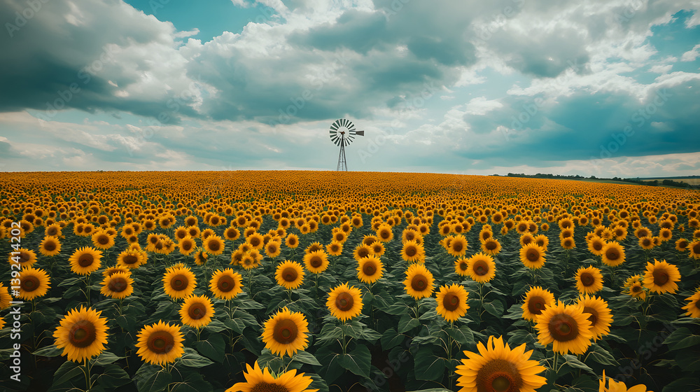 Obraz premium sunflower, field, flower, nature, sky, agriculture, yellow, summer, sun, plant, sunflowers, blue, meadow, farm, growth, leaf, rural, sunny, color, bright, blossom, landscape, beauty, flowers, crop