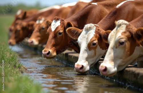 Cows drink water at watering place on sunny summer day. Domestic animals at farm, agriculture. Concept sustainable farming, animal husbandry. Beef cattle, dairy industry. Drought, shortage water