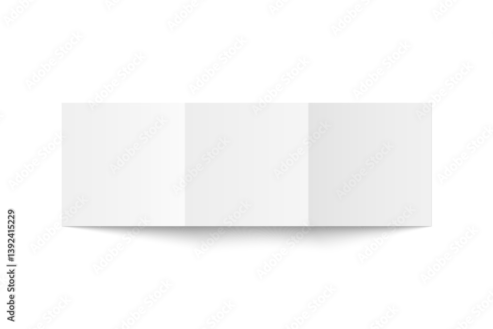 Vector white blank square three panel roll fold opened on white background. Trifold, leaflet, brochure, booklet, flyer or invitation card mockup. Mock up back side isolated. 3D illustration Vector white blank square three panel roll fold opened on white background. Trifold, leaflet, brochure, booklet, flyer or invitation card mockup. Mock up back side isolated. 3D illustration