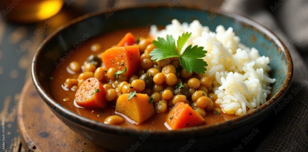 Heavily spiced lentil curry in a rich broth served with steamed rice , soy sauce, rice Heavily spiced lentil curry in a rich broth served with steamed rice , soy sauce, rice