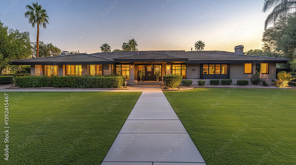 Obraz premium Elegant home with expansive front yard and manicured lawn at sunset