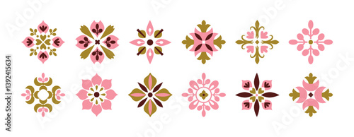 Oriental pattern drawing. Geometric tile element, symbol, icon. Retro vintage floral ornament. Mediterranean mosaic art. Folk ethnic motif. Vector illustration.