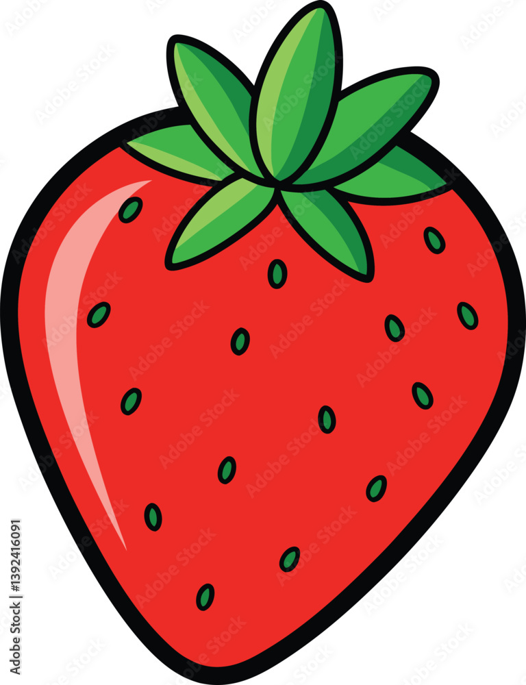 Obraz premium Cute Smiling Strawberry Cartoon Character With Green Leaves Illustration