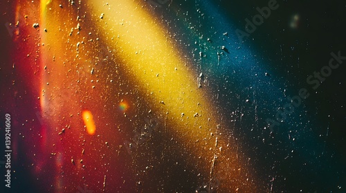 Abstract colorful light leaks on textured glass surface with water droplets background.